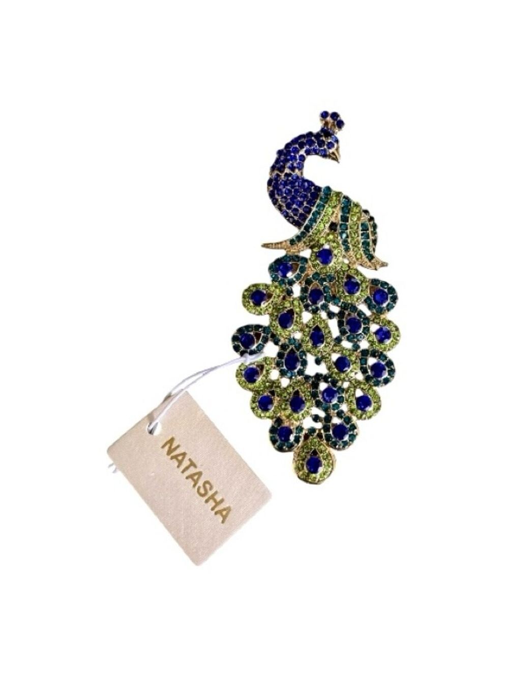 Natasha Couture Vibrant Peacock Brooch, Blue & Green Stones, Goldtone.